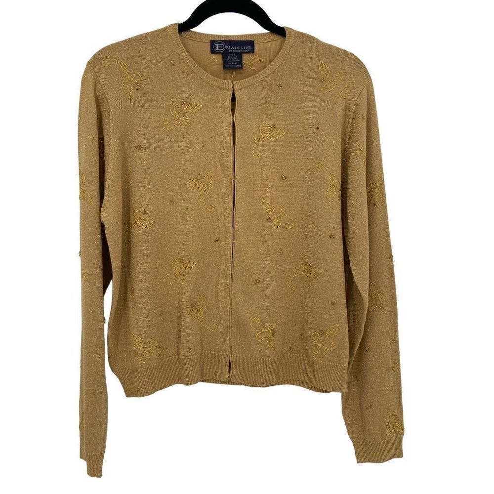 Main Line By Eagles Eye Silk‎ Blend Beaded Mistletoe Cardigan Sweater NWT Gold
